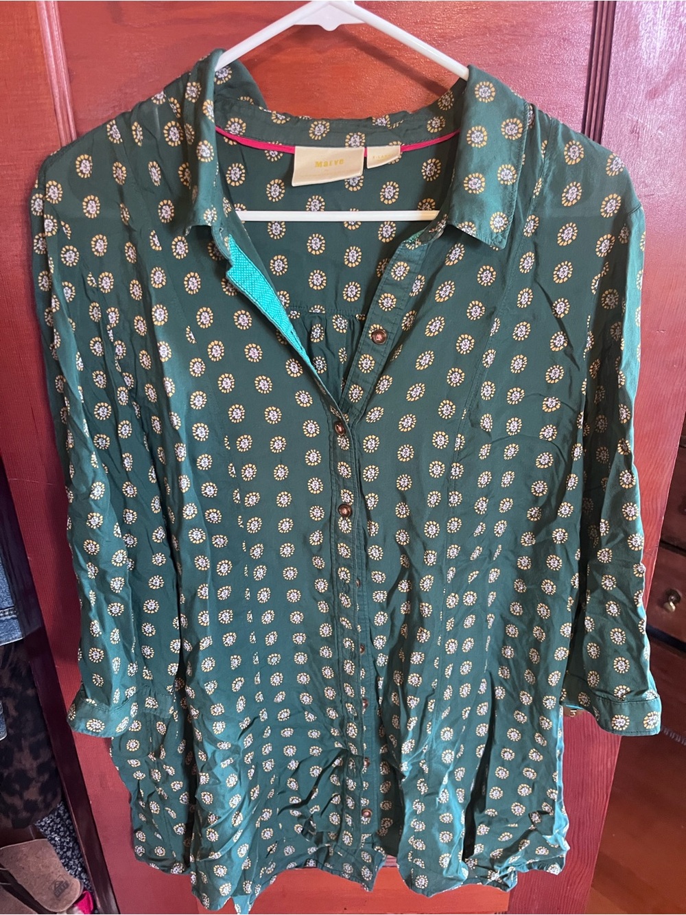 Maeve Forest Green Printed Button-Down Shirt